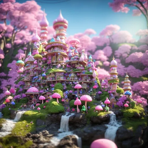 Prompt: 70 mm lens, cinematic shot, centered, perfect angle, a bright fantasy style hillside with large waterfalls stretching into the sky and large spires. The landscape is full of sakura trees, sweets and cakes (lollipop, whipped cream), celebration, fantasy, surreal, epic fantasy, dreamland}, tiny pink mushroom houses are in the landscape

vibrant color, volumetric lighting, dynamic lighting, depth of field, hard shadow, reflection, sharp focus,

photography, digital imaging, trending on artstation, 3D renders, unreal engine, HD, UHD, 64K, 128K, masterpiece, professional work.