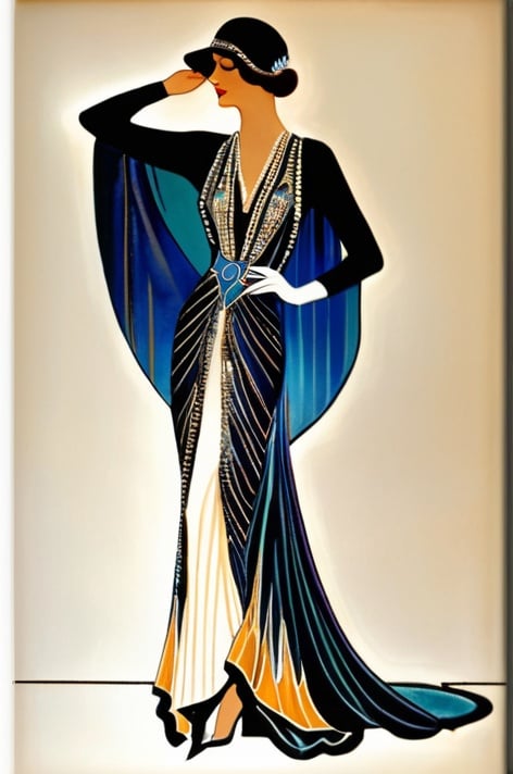 Prompt: a woman in a dress with a long train and a sheer cape,  Daphne Fedarb, art deco, art nouveau fashion embroidered, an art deco painting