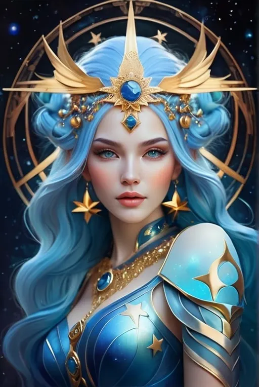 Prompt: Beautiful moon goddess covered in nightly glow with detailed silver features in the moon with illuminating moonshine, beams; by anna dittmann, floradriel, digital painting, extreme detail, 120k, ultra hd, hyper detailed, white, wlop, digital painting; crystal body, Artgerm, Kuvshinov, 
a woman with blue hair and a gold headpiece with stars in the background and a blue sky with stars, Anna Dittmann, fantasy art, fantasy artwork, cyberpunk art
Unreal Engine, Vintage Photography, Beautiful, Tumblr Aesthetic, Retro Vintage Style, Hd Photography, Hyperrealism, Beautiful Watercolor Painting, Realistic, Detailed, Painting By Olga Shvartsur, Svetlana Novikova, Fine Art, Soft Watercolor