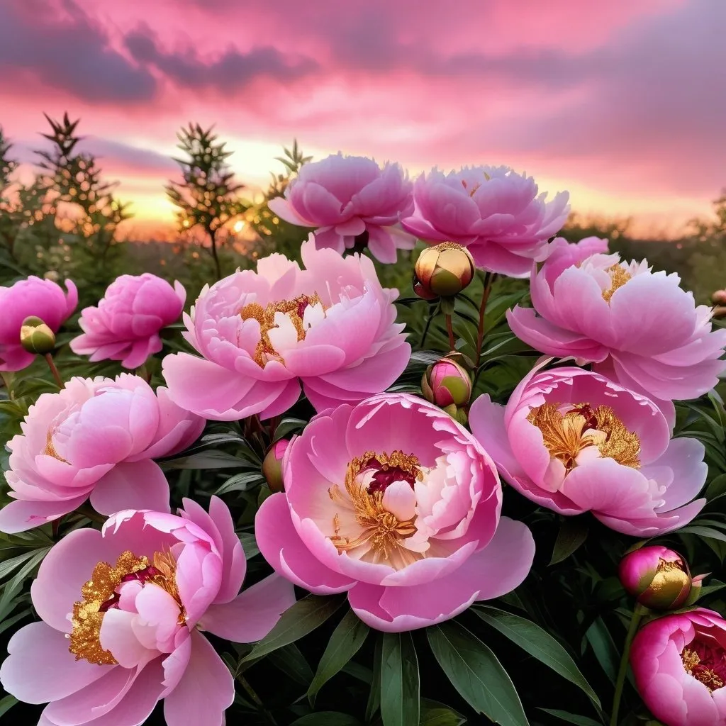 Prompt: metallic peonies covered in a pink and gold glitter explosion, in a bush of pink peonies that are in the center or a pink and gold glitter explosion, in a dreamy cloudy sky