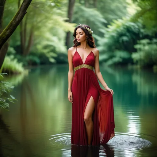 Prompt: beautiful tan goddess, rising from a tranquil lake, vibrant dark red Grecian dress. Thoughtfully gazing forward. The background is a lush green forest