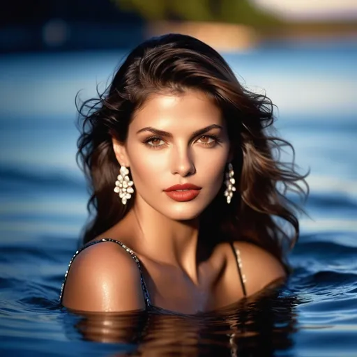 Prompt: epic masterpiece at night with hyper detailed, flawless tan skin tone, female supermodel, face like gia carangi, Insanely detailed, immersed in the water to her waist blushing lightly with mouth open, she has a diaphanous flowing dress,  rosy cheeks, plump lips, velvety lipstick, fabulous artistic makeup,  8k photo, HDR, masterpiece, fine details, natural beauty, breathtaking, captivating, fine details, sharp, very detailed, high resolution, close up, taken with a Hasselblad H6D-100c, Hasselblad Zeiss Sonnar F 150mm f/2.8 lens, Godox SK400II Professional Compact 400Ws Studio Flash, sharp focus, fine details, 5 flash set up, Ring light for catchlight eyes, Award winning photography, pro lighting, realistic, realism 