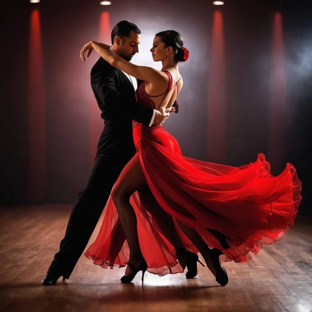 Prompt: beautiful tango dancer couple, red and black costume, elegant movement, delicate hands and fingers