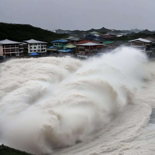 Prompt: large typhoon drags a town out to sea