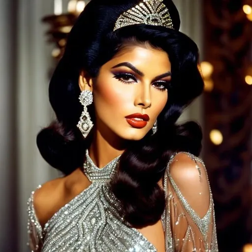 Prompt: In the 1970s style, a glamorous Hispanic model is seen dressed in a dazzling silver glitter gown. This 70s style gown features a high slit, adding to her charm and sophistication. Her makeup, characterized by bold, intricate, and natural designs, is reminiscent of an Art Nouveau theme. Complementing her ensemble is her long brown hair, styled in large, bouncy curls that fall perfectly across her shoulders.