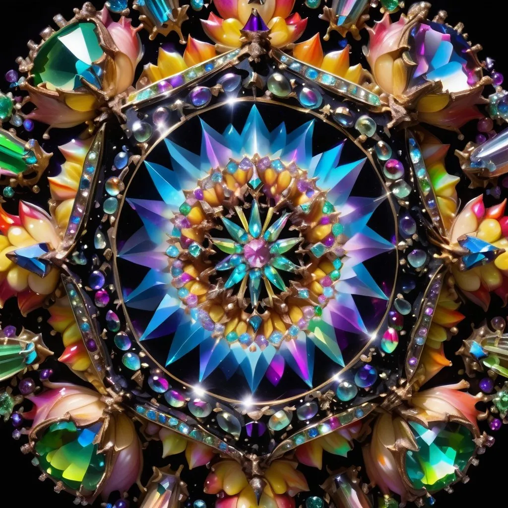 Prompt:  large dew drops, sprinkled with glitter, on a kaleidoscope made from glowing bismuth metal encrusted with gems and crystals, glowing with light, black background, David LaChapelle, crystal cubism, highly intricate, a flemish Baroque