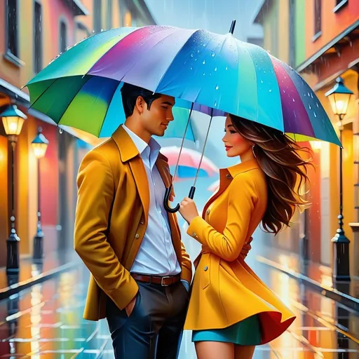 Prompt: Couple sharing umbrella in vibrant colors, oil painting, raindrops splashing, high quality, impressionism, lively brushstrokes, dynamic composition, vibrant colors, romantic atmosphere, warm and soft lighting