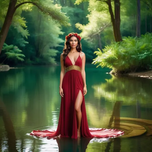 Prompt: beautiful tan goddess, rising from a tranquil lake, vibrant dark red Grecian dress. Thoughtfully gazing forward. The background is a lush green forest