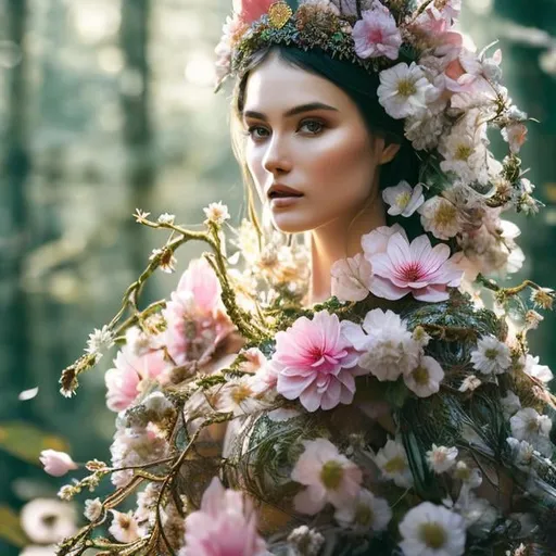 Prompt:  Queen of the forest and the body dressed by petals, intricate detailed, 8k resolution masterpiece, sharp focus detailed, sf, omnilight, realistic look 