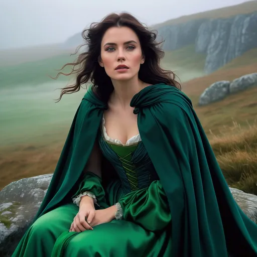 Prompt: Katherine Earnshaw sitting on a rock crying over Heathcliff, on the foggy moors, moody, beautiful face, green gown with a cape, Wuthering Heights is in the background, Hyperrealistic, splash art, concept art, mid shot, intricately detailed, color depth, dramatic, 2/3 face angle, side light, colorful background