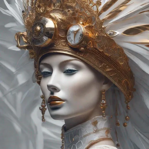 Prompt: a close up of a mannequin wearing a headdress, by Andrei Kolkoutine, cgsociety contest winner, digital art, white robot, clockwork woman, james jean and wlop, sylvain sarrailh and igor morski