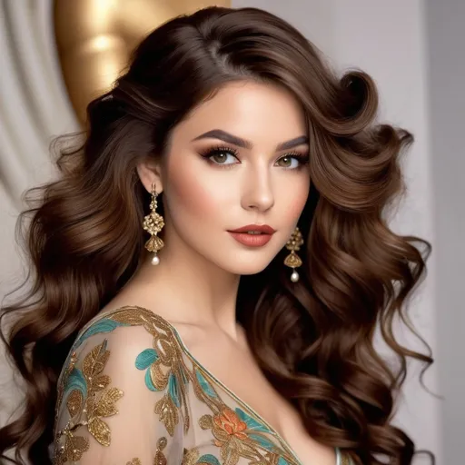 Prompt: adding to her charm and sophistication. Her makeup, characterized by bold, intricate, and natural designs, is reminiscent of an Art Nouveau theme. Complementing her ensemble is her long brown hair, styled in large, bouncy curls that fall perfectly across her shoulders.