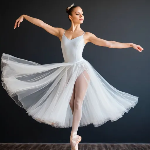 Prompt: beautiful ballerina, pretty face, peaceful expression, flowing ballet costume, classical dance position, spinning 