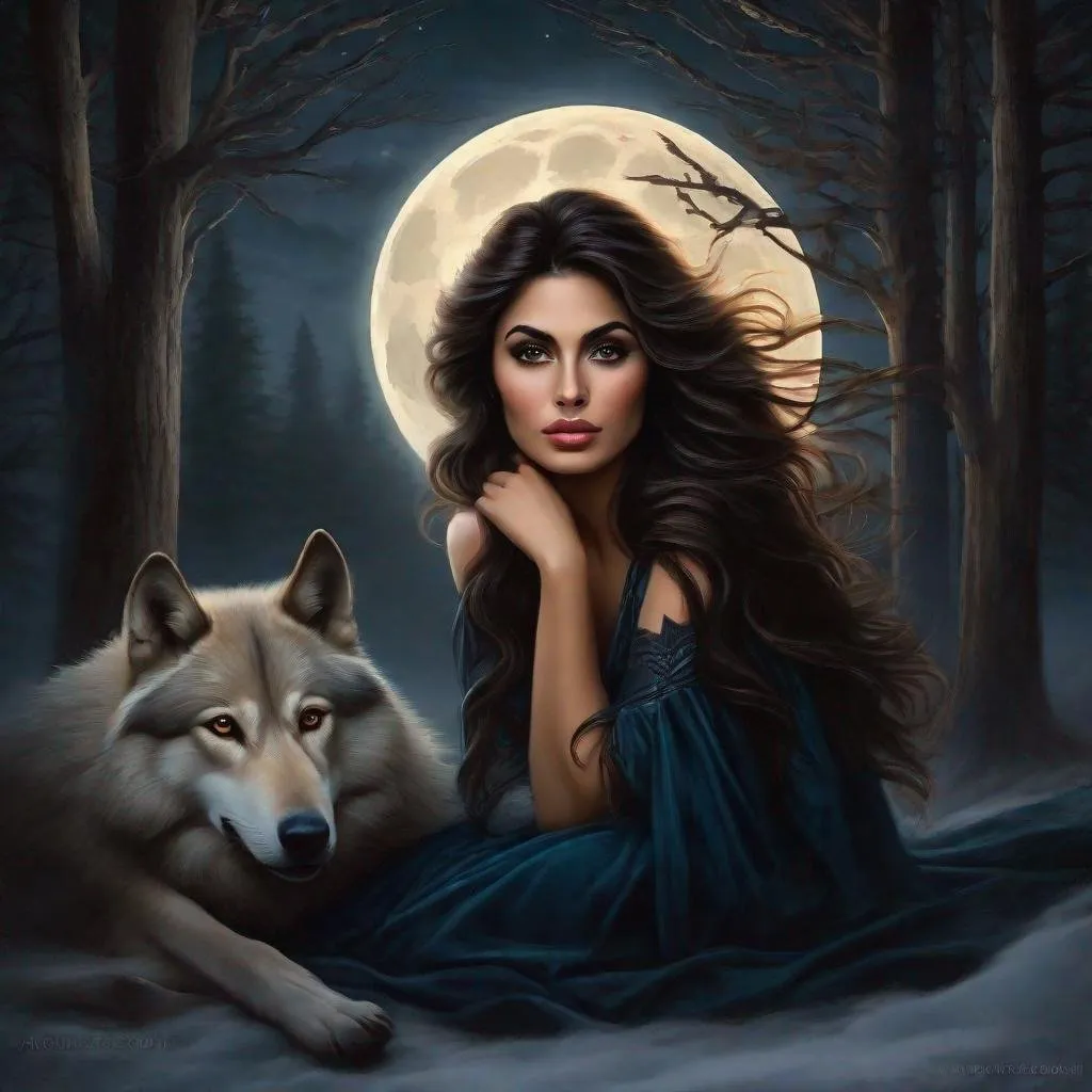 Prompt: Azerbaijani woman with long black thick wavy messy hair sad in a forest on a dark foggy night, big brown eyes, tanned skin:2, waxing moon, a woman in an ethereal gown sitting in the woods with a full moon behind her and a wolf in the background, Anne Stokes