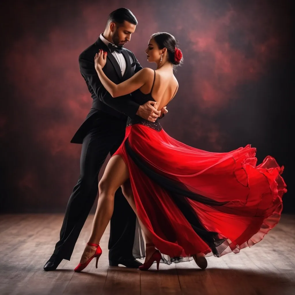 Prompt: beautiful tango dancer couple, red and black costume, elegant movement, delicate hands and fingers