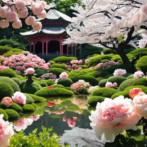 Prompt: hyperrealistic botanical garden, lush, peonies, roses, sakura trees, white gazebo, beside a tranquil pond