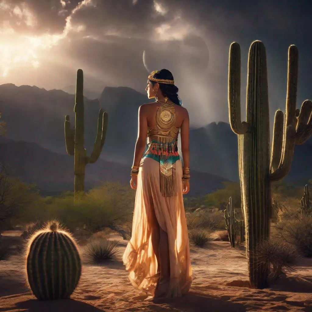 Prompt: (((Mayan goddess)))best quality, ultra-high resolution, 4K detailed CG, master piece,Xquic,waning moon goddess, woman,Mayan clothing,Mayan mythology,cactus, stream, desert, sunlight,(( tree)) Mexico, aesthetics, Beautiful image, centered on the screen
 during a thunderstorm, low angle, closeup, glow, ultra realistic, digital painting