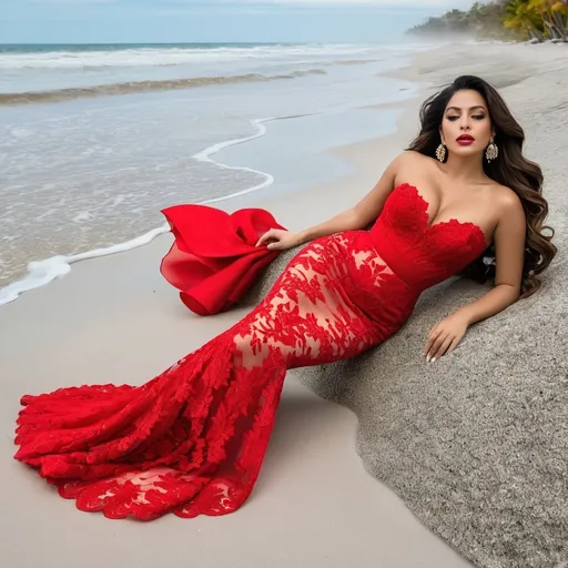 Prompt: a glamourous latina woman lying on a beach with a red lace mermaid dress