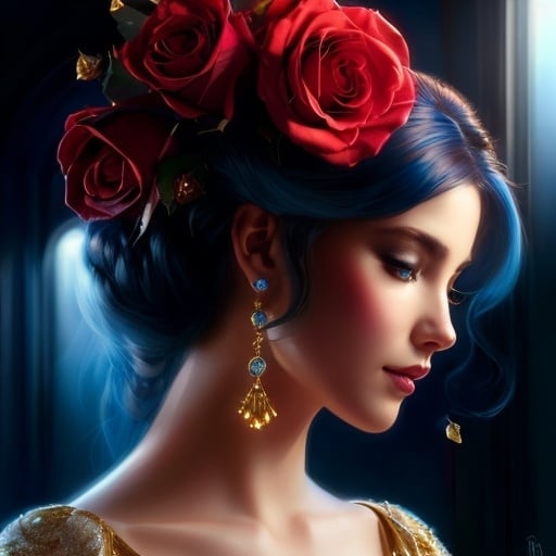Prompt: a woman wearing a tiara and a blue dress with gold jewelry on her head and a red rose in her hair, Artgerm, fantasy art, cgstudio, a photorealistic painting