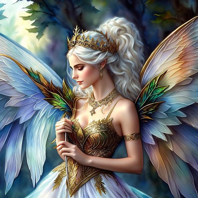 Prompt: fairy with wings made from watercolor leaves, wearing a laurel crown, Anne Stokes, fantasy art, fantasy artwork, a digital rendering