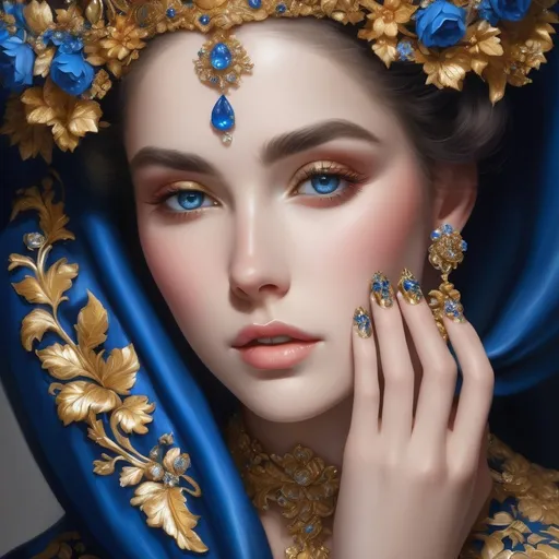 Prompt: a manicured with blue and gold floral designs on its nails and a ring of jewels on the tip of the nail, rococo art, nails have a glossy sheen beautiful detailed, Mandy Racine,  Flora Yukhnovich 
