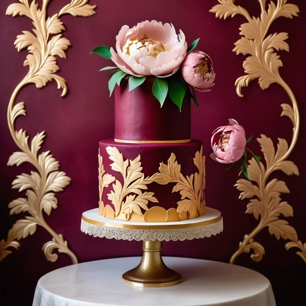 Prompt: a tall cake with a large peony with gold and pink trim, with green leaves, on a maroon frosted cake, and pink and gold peonies flowing down the cake, there is an extravagant rococo wallpaper background