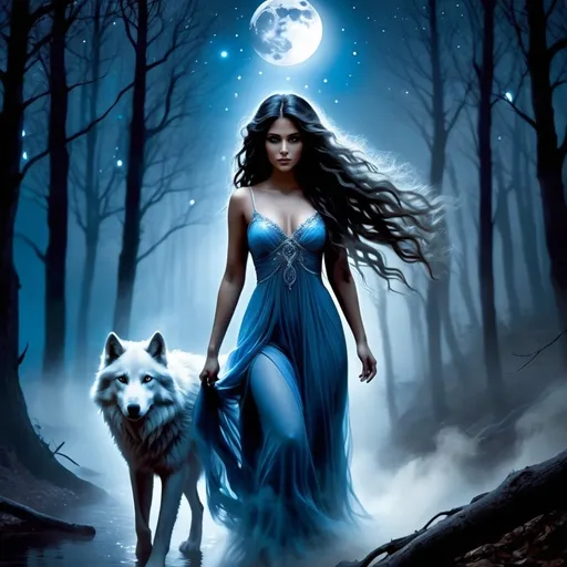 Prompt: a beautiful ghost zerbaijani woman with long black, thick, wavy, messy hair. She's a sad ghost made of gray and blue smoke; she's walking in a spooky forest on a dark, foggy night, a white wolf walks by her side, the ghost has big brown eyes, tanned skin:2, a waxing moon, a full length Body ethereal Goddess Bathing in moonlight, an intriguing luminous night sky, very long hair drenched with moisture, intricate, detailed, intricately detailed, luminous 