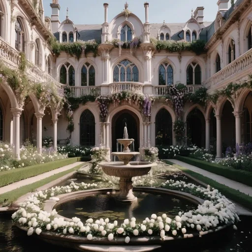 Prompt: Spring court aesthetic from Court of Thornes and Roses, with an exorbitant amount of flowers, draping wisteria vines, and rose bushes. Gothic, Rococo, and Victorian architecture. The beautiful building is all white with little fountains that have immersed flowers and lily pads