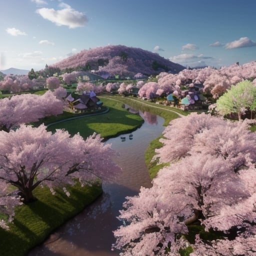 Prompt: incredible spring-inspired gaming landscape. overhead view of a HD 4k 3D 8k, hyper-realistic, mysterious spring landscape by magical glowing light, the landscape is full of bright light, spring flowers, and sakura trees. The village has cute little pink mushroom houses