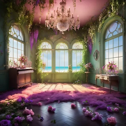 Prompt: Vintage abandoned Victorian room with a large window, a bunch of wisteria garlands around the room, scattered on the floor, and a chandelier above it, David LaChapelle, neo-romanticism, fantastically gaudy, a detailed matte painting. Wall racks with fancy glowing crystals, flowers, and bottles, overgrown with vines and pastel color flowers, magical glow, beach visible through the windows, trending on artstation, sharp focus, studio photo, intricate details, highly detailed, by greg rutkowski