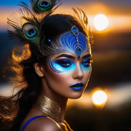 Prompt: woman tan skin, dramatic makeup, bioluminescent scale eye makeup, highly detailed and intricate, golden ratio, black and royal blue, mist, glow, peacock feathers