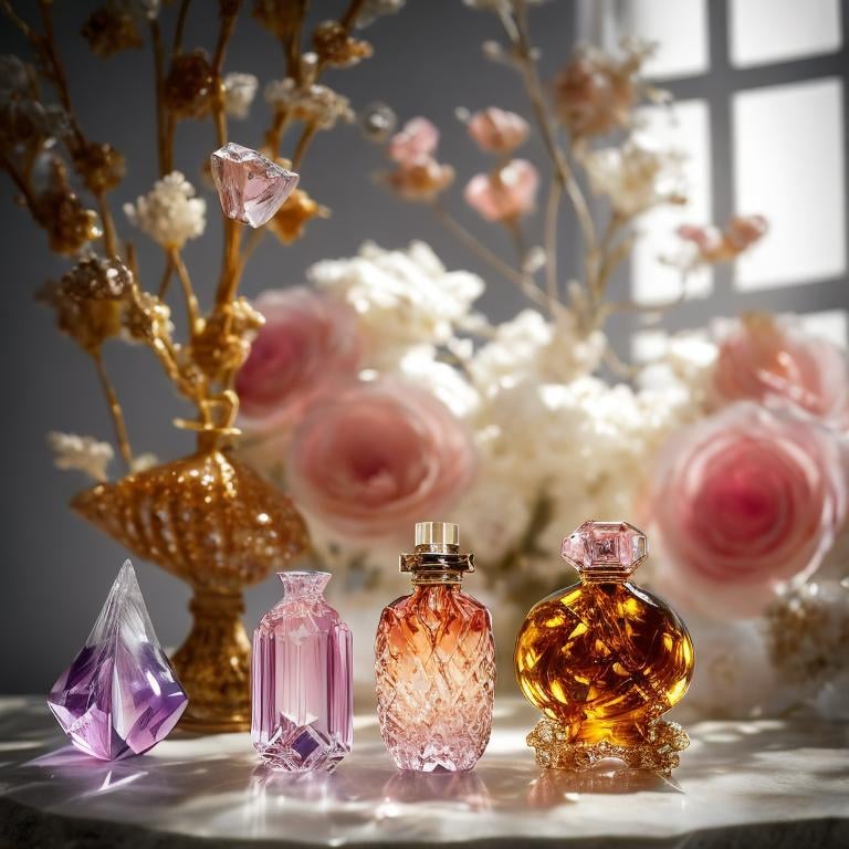 Prompt: small crystal perfume bottle filled with amber liquid, next to a small crystal diamond bottle filled with pink liquid, a large flower arrangement in a rococo vase, its next to the bottles, pastel background 