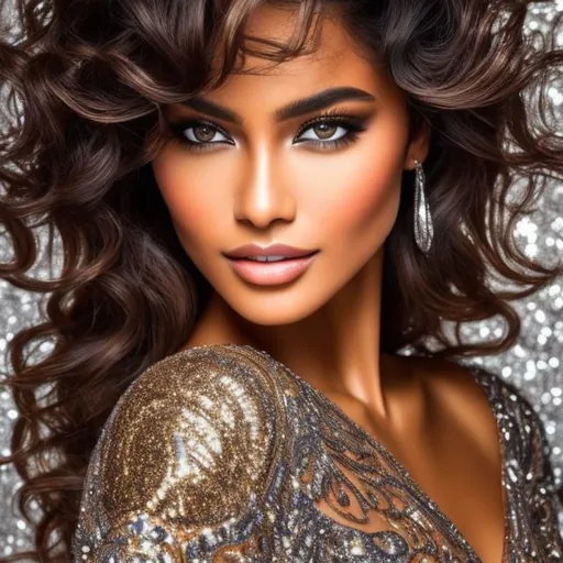 Prompt: epic masterpiece at night with hyper-detailed, flawless tan skin tone, HDR, masterpiece, fine details, natural beauty, breathtaking,  catchlight eyes, Woman with flawless tan skin tone, beautiful face, flawless facial features, Insanely detailed face, hypnotic gaze, long wavy hair, black and silver sequin gown with a high slit, 70s style