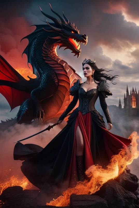 Prompt: makeup, surrounded by smoky red clouds, shooting fire from its mouth, detailed matte painting, deep color, fantastical, intricate detail, splash screen, complementary colors, fantasy concept art, 8k resolution trending on Artstation Unreal Engine 5  medieval fantasy, fighting fire dragon being ridden by a beautiful goth fairy queen in a black and red gown and smokey black eye 