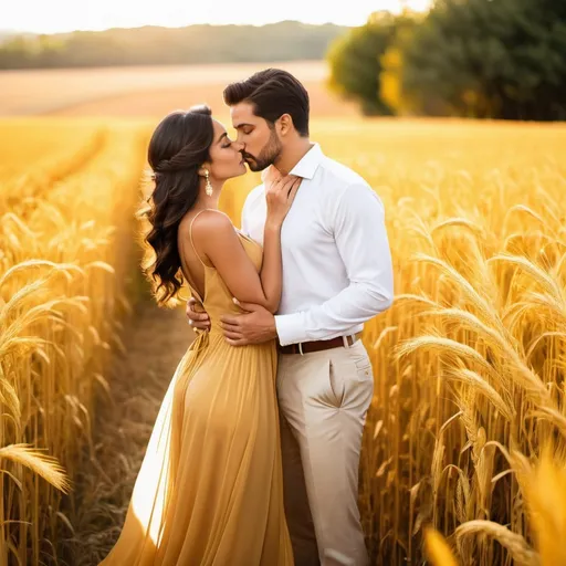 Prompt: among the fields of gold, a man and a woman share a romantic kiss, the hispanic woman wears a flowing chiffon dress, the man wears a casual suit, the image is pure romance