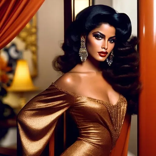 Prompt: A stylish scene from the 1970s epitomizing glamour. The central figure is a Hispanic model characterized by her radiant beauty. Her makeup, too, pays homage to the Art Nouveau style, accentuating her striking features. Her hair, a rich brown hue, cascades down her shoulders in large, elegant curls, adding to the overall allure of her image.