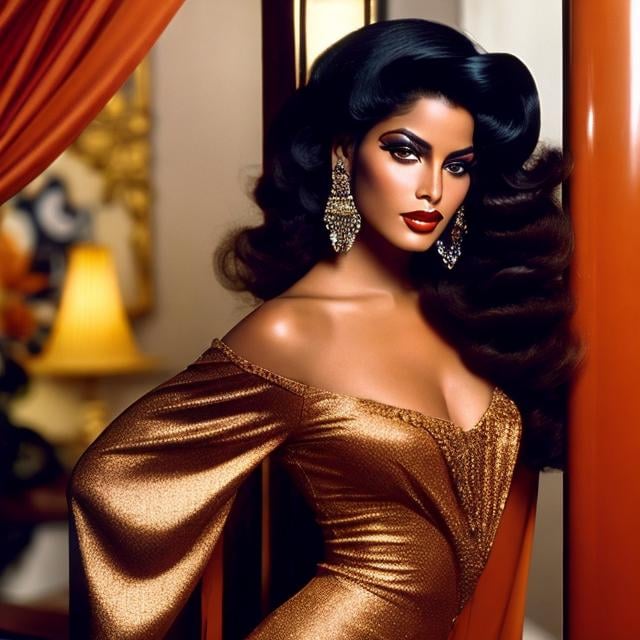 Prompt: A stylish scene from the 1970s epitomizing glamour. The central figure is a Hispanic model characterized by her radiant beauty. Her makeup, too, pays homage to the Art Nouveau style, accentuating her striking features. Her hair, a rich brown hue, cascades down her shoulders in large, elegant curls, adding to the overall allure of her image.