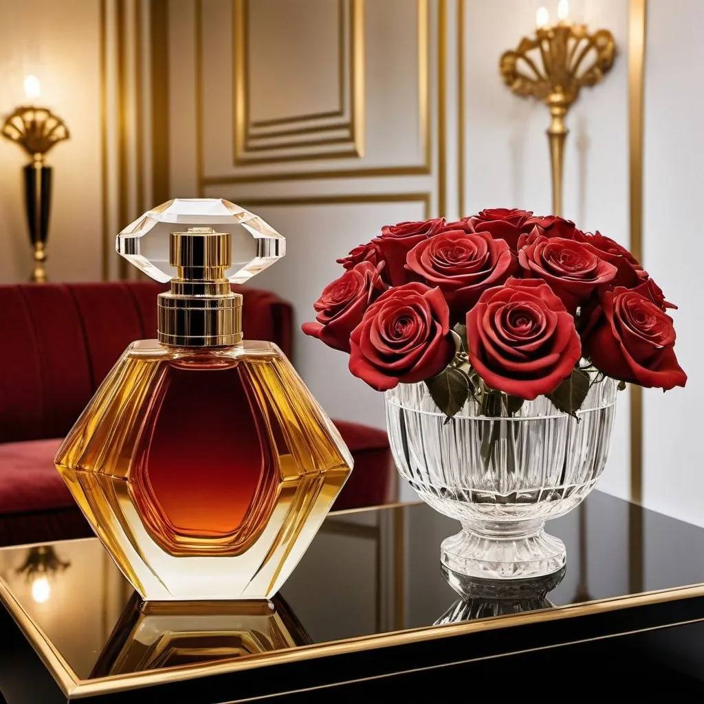 Prompt: expensive crystal perfume bottle with amber liquid, sitting next to a clear crystal vase full of red roses, in an art deco room