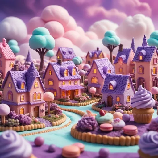 Prompt:  hyper maximalist surreal landscape of a fantasy village made from pastry with intricate details and cinematic lighting, 3d lighting, perfect composition {{bokeh purple lavender field in background}} houses made from puff pastry, buildings made from macaron. colorful cupcakes and cakes are the buildings around town. Cotton candy clouds, a lake made of ice cream, gum drop trees, and a candy garden