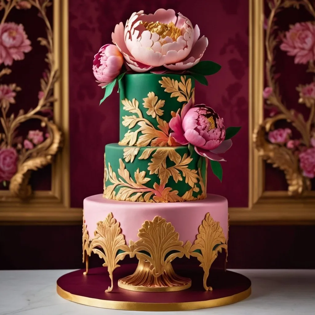 Prompt: a tall cake with a large peony with gold and pink trim, with green leaves, on a maroon frosted cake, and pink and gold peonies flowing down the cake, there is an extravagant rococo wallpaper background