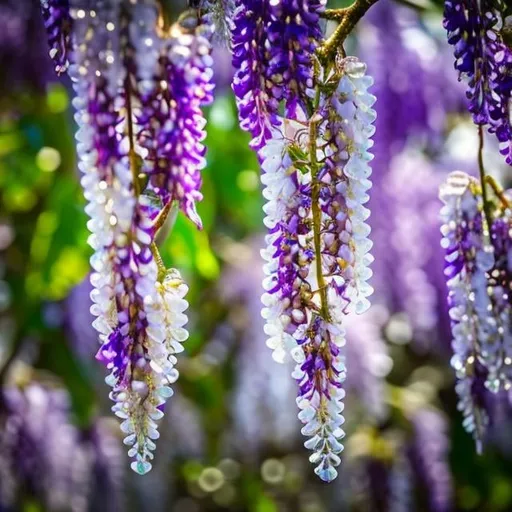 Prompt:  Close-up photograph of Wisteria covered in glistening dew drops, crystals, silver glitter, shimmering morning dew : sunrays (shimmering:1.3) : (sparkling:1.6) : extreme contrast and saturation : Storybook style : hyperdetailed : beautiful : elegant : ethereal : fantasy concept art : 8k resolution : Unreal Engine 5 : volumetric lighting : deep colors : gorgeous : friendly colors : story book style : muted colors : watercolor style : ornate details : ultra high quality : sharp details