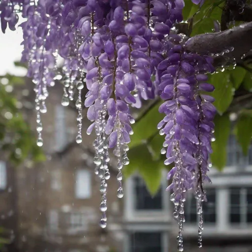 Prompt:  Close-up photograph a bunch of purple wisteria hanging from a tree branch with water dew drops on them and a building in the background, silver crystals are scattered and shimmering glitter. Claire Dalby, magic realism, purple, a macro photographcrystals, silver glitter, shimmering morning dew : sunrays 