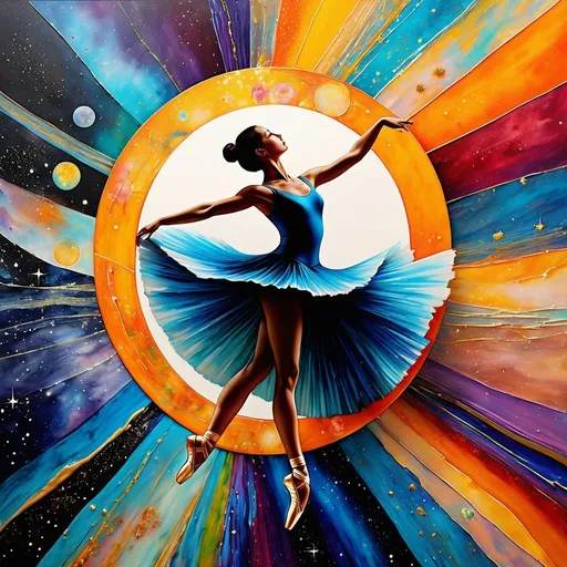 Prompt: A ballet dancer does a pirouette, a heliocentric reality revolving around art science, encaustic painting, decoupage, idealwave dreamcore futurepunk a new world is arising in vibrant bold textures and colors more is less and less is more in an organically balanced world tipping the plane of consiousness, huzzah 