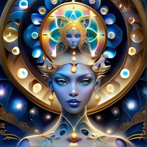 Prompt: A time clock beautiful goddess. She controls the time. Beautiful symmetrical face. Internal Clocks parts all over her. A very elaborate illuminated magical colorful fractal clock on the center of her dress. Opalescent dark blue skin glow. Intricate metallic details. beautiful background. Art by Tom Bagshaw, Karol bak, catrin Welz-Stein, Josephine wall, Sherry Akrami, artgerm, Alex Alemany. Best quality, cinematic smooth, highly detailed, beautifully lit.
