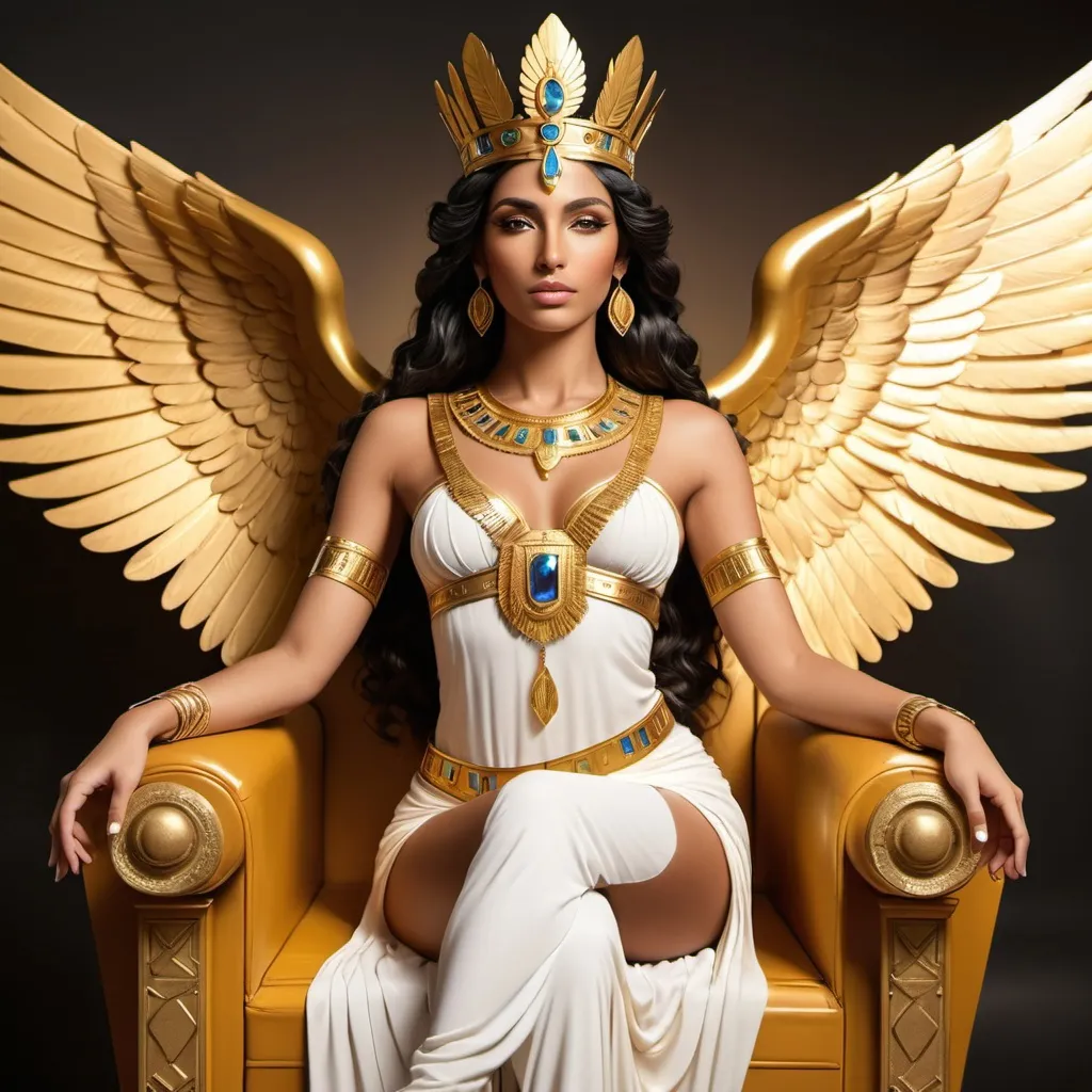 Prompt: greek goddess Isis (tan skin), beautiful golden wings, gold crown with jewels, sitting on a throne