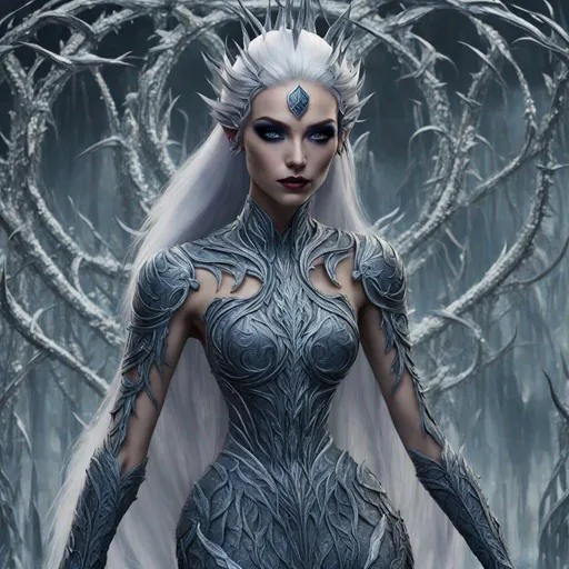 Prompt: A very beautiful ice queen, Violet eyes, heavy metallic blue eyeliner, black lipstick, white hair, ethereal silver clothes , 3d, extremely detailed, intricate, high definition, crisp quality, standing in front of a The Timeless Ice Field, masterpiece, best quality, in lovecraftian style