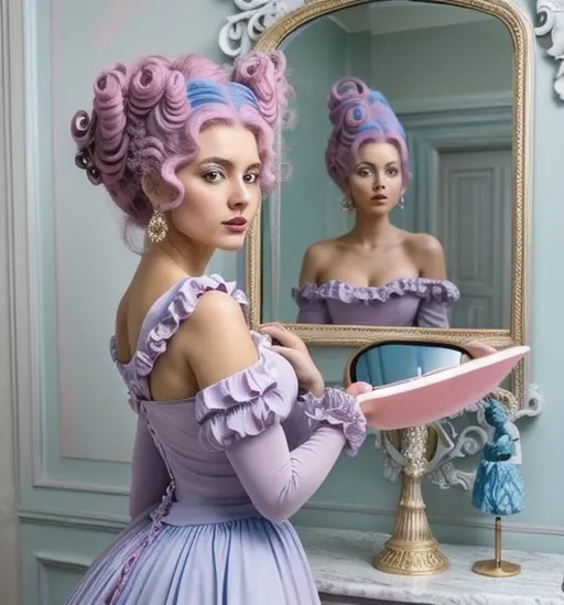 Prompt: a woman with a large hairdo and a large dress holding a fan in her hand and a mirror behind her, Dirk Crabeth, rococo, blue and pink color scheme, a marble sculpture, pastel color palette