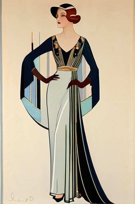 Prompt: a woman in a dress with a long train and a sheer cape,  Daphne Fedarb, art deco, art nouveau fashion embroidered, an art deco painting