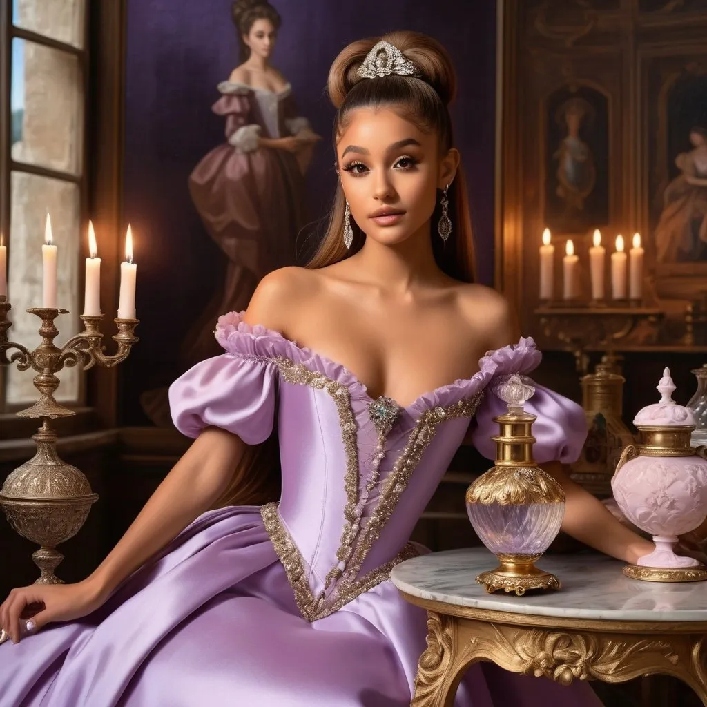 Prompt: Perfume Alchemy in a rococo perfume shop is a beautiful tan skin tone alchemist in a renaissance gown with a face like ariana grande, creating perfumes using elaborate crystal bottles, a woman in a lavender off the shoulder victorian gown, is standing near a table with a jar of perfume on it and a candle, Enguerrand Quarton, rococo, renaissance oil painting, an oil painting