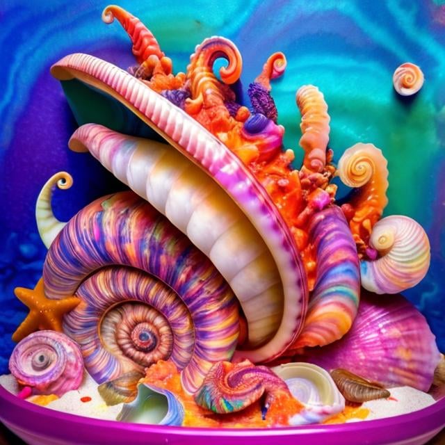 Prompt: Mollusk seashell diorama in the style of Lisa frank